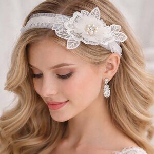 White Lace Flower Headband Bridal Wedding Hair Accessory Flower Girl Pageant